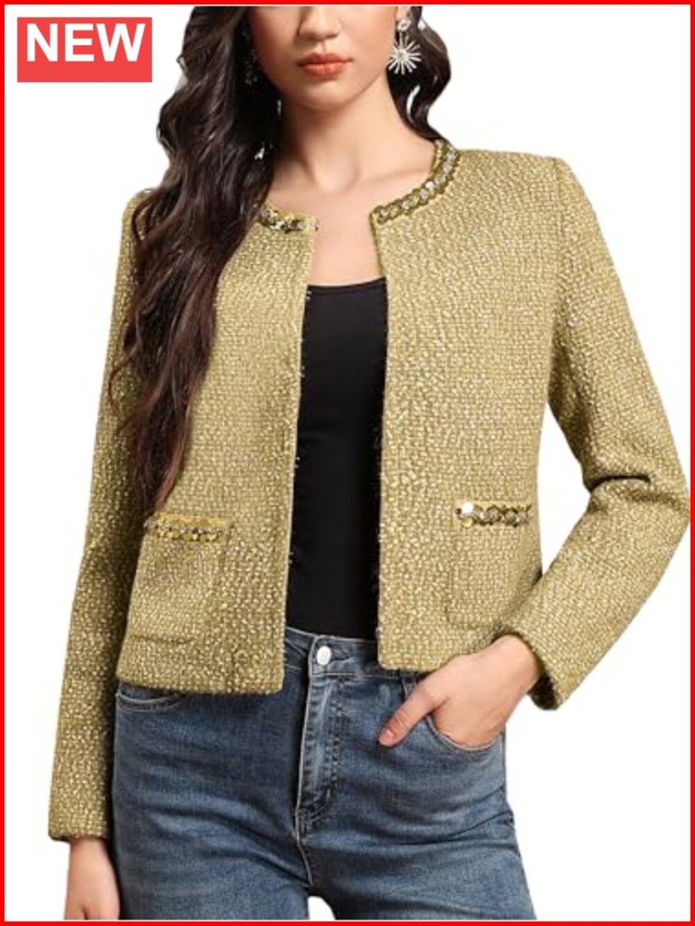 Sequin Tweed Blazer with Rhinestone Trim